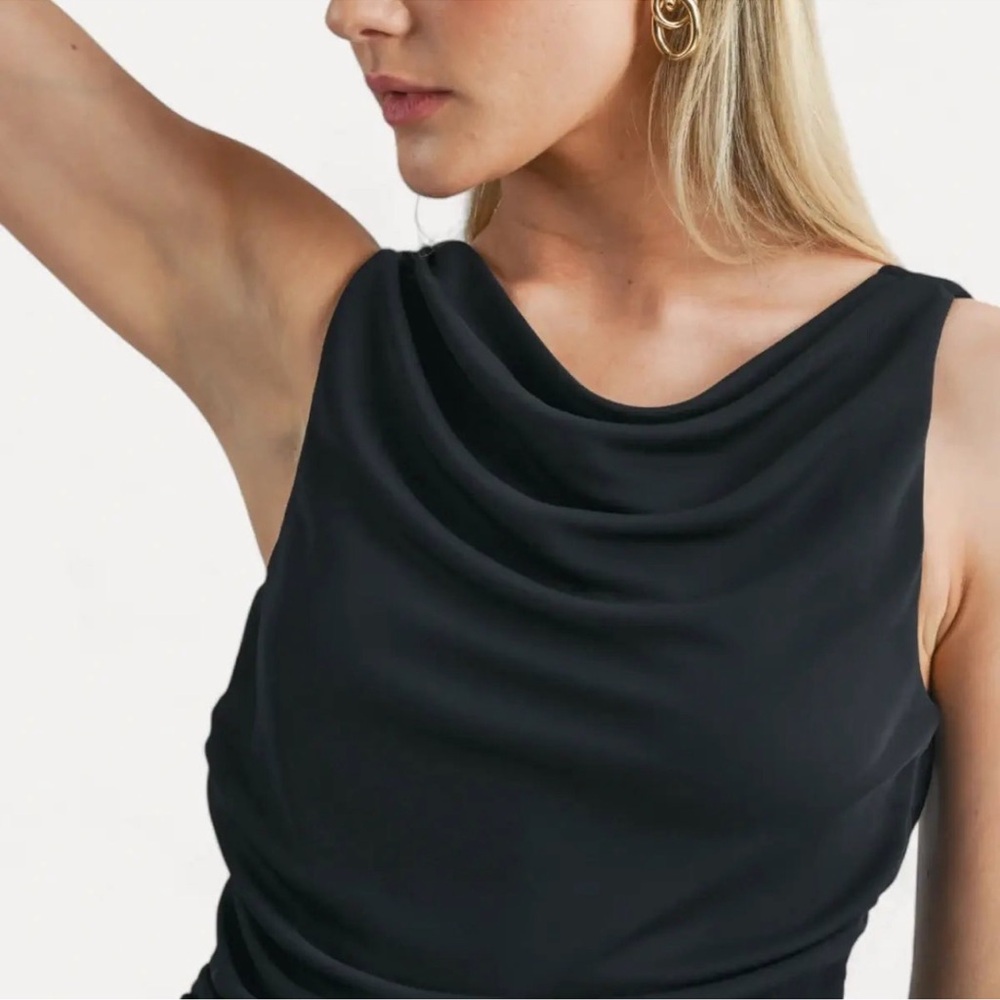 LOFT Cowl Drape Neck Sleeveless Ruched Side Black Top